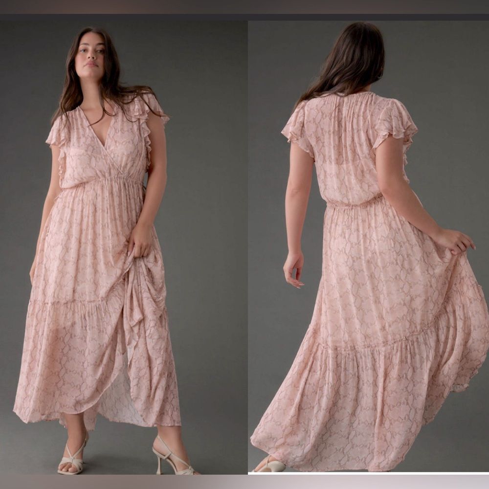 By Anthropologie Sheer V-Neck Flutter-Sleeve Midi Dress